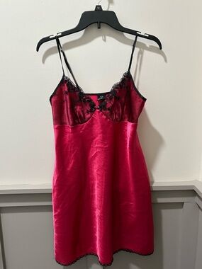 Fuchsia Satin Mini Slip Dress with Black Lace Trim Detailing